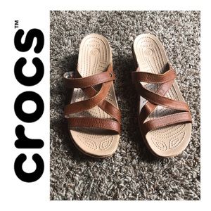 Crocs Brown Leather Strap Wedge Sandals